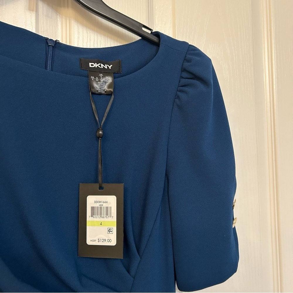 DKNY Button Sleeve Ruched Sheath Dress in Teal Blue Size 4 - Picture 5 of 7